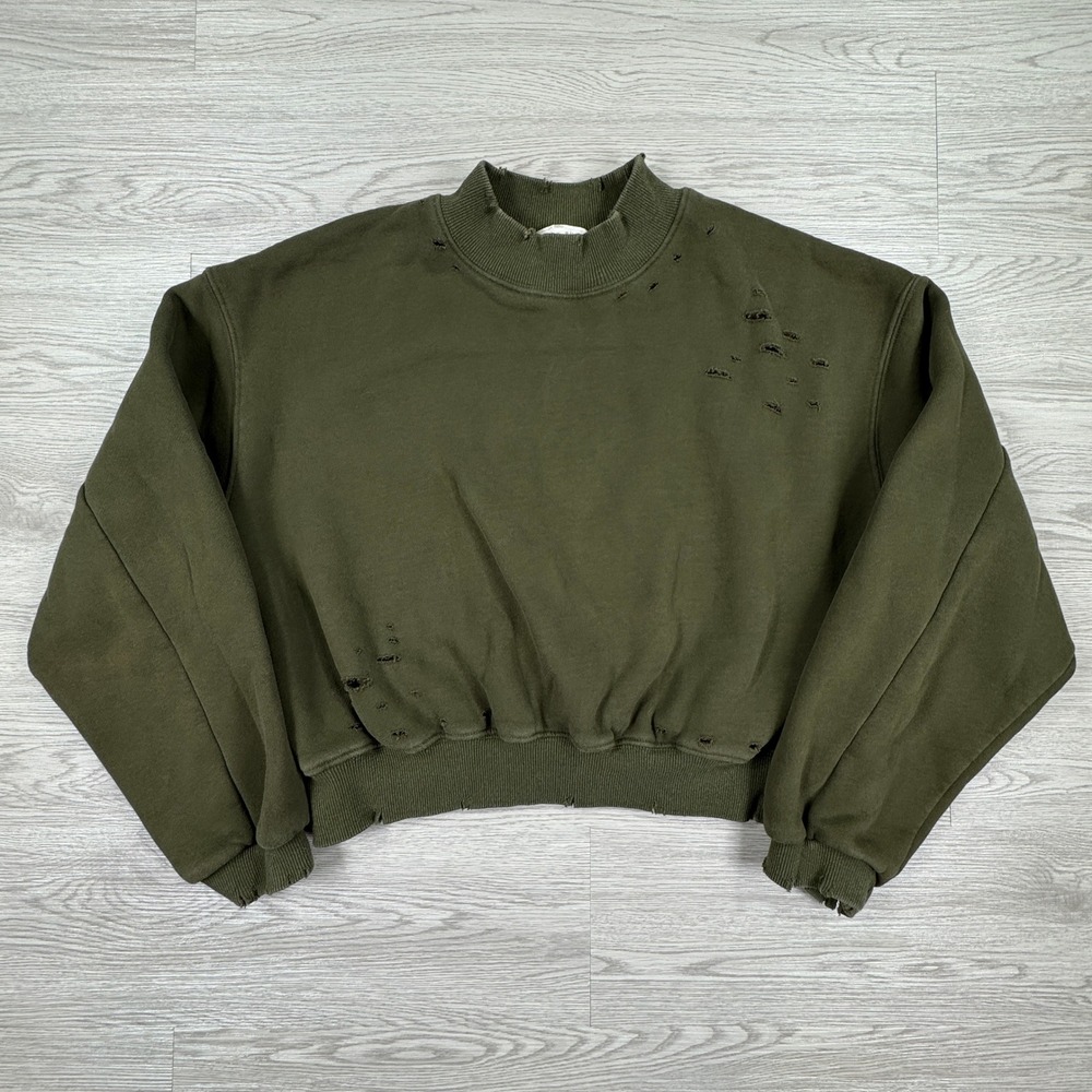 Honey Punch Women's Sweatshirt Distressed Cropped Olive Green Small Mock‎ Neck